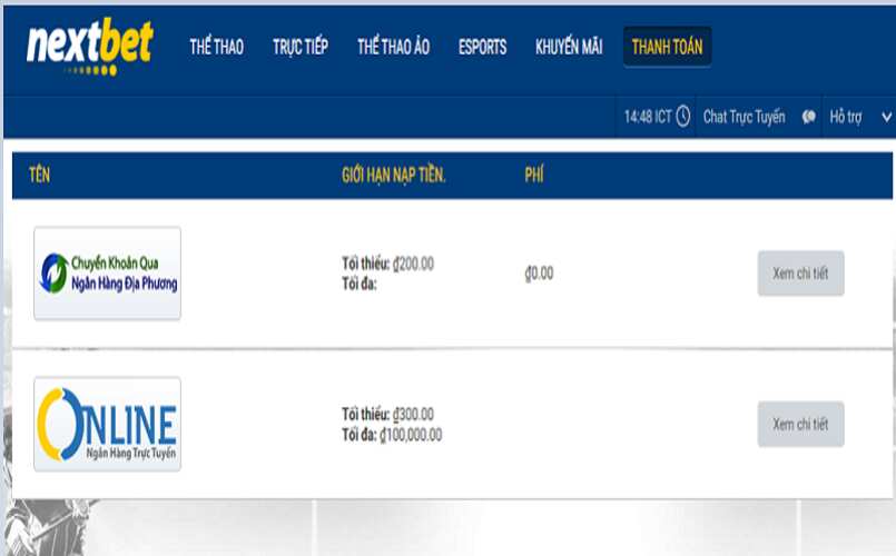 Các hình thức nạp tiền có tại Nextbet