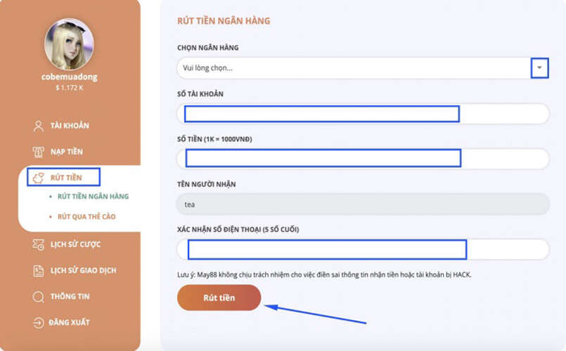 Nên điền chính xác thông tin khi muốn rút tiền
